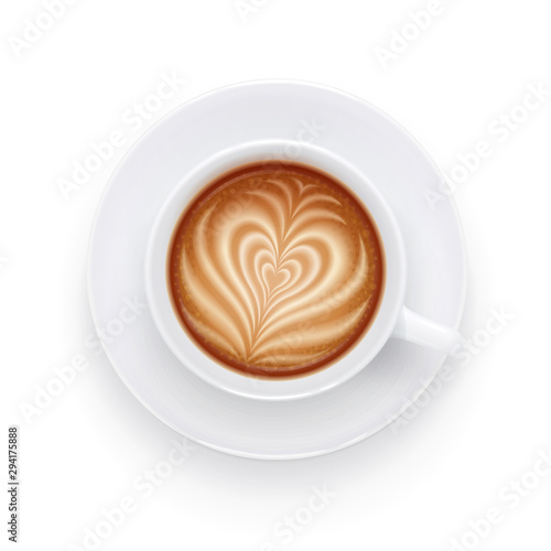 Cappuccino cup and plate. Aromatic drink for breakfast. Beverage mug for cappuccino, americano, latte. Isolated white background. Eps10 vector illustration.