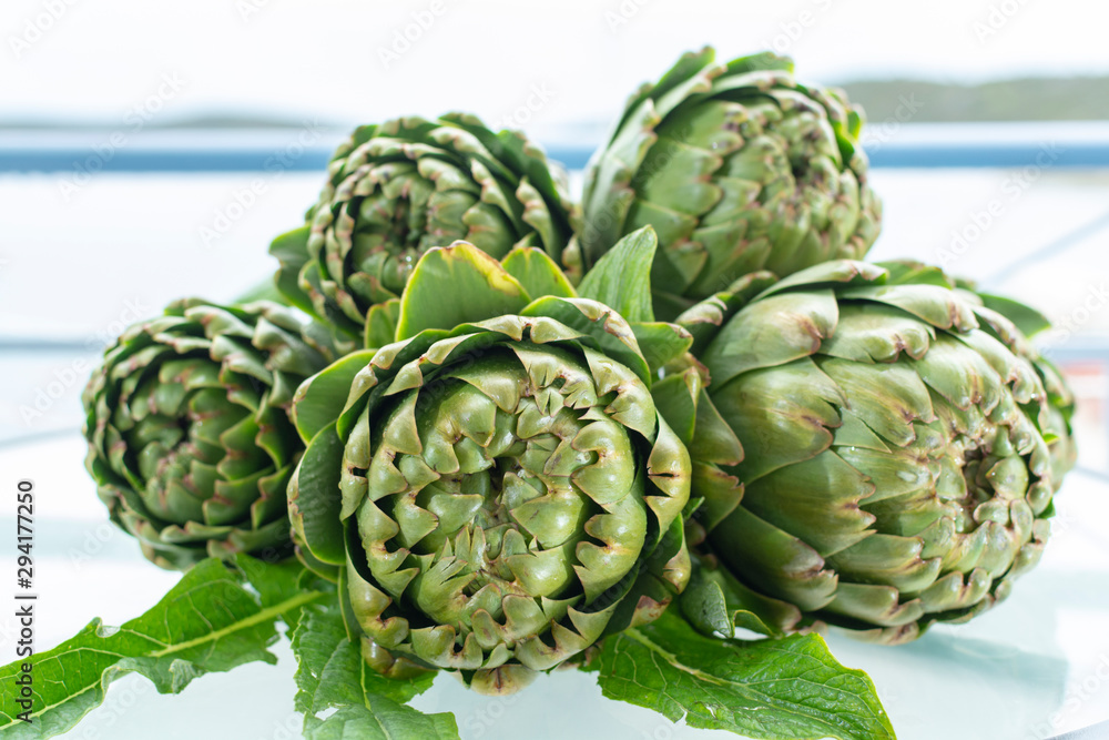 Obraz premium Bunch of fresh raw artichokes heads from artichoke plantation in Argolida, Greece ready to cook
