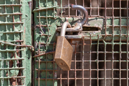 A close up view of a padlock keeping a metal gate closed