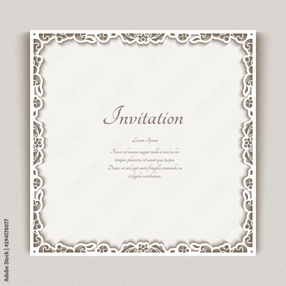 Square frame with ornamental lace border, cutout paper decoration, elegant wedding invitation or table place card design, template for laser cutting