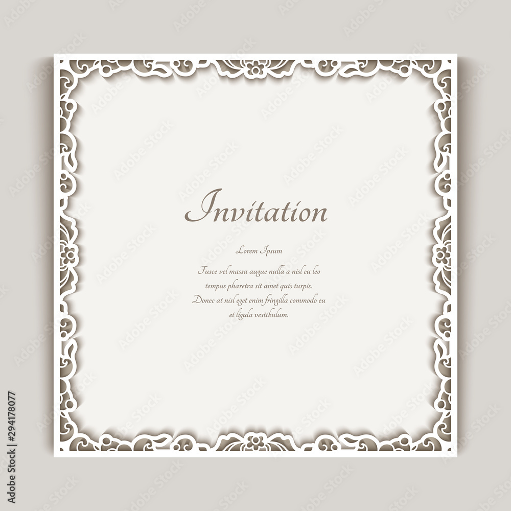 Square frame with ornamental lace border, cutout paper decoration, elegant wedding invitation or table place card design, template for laser cutting Square frame with ornamental lace border, cutout paper decoration, elegant wedding invitation or table place card design, template for laser cutting