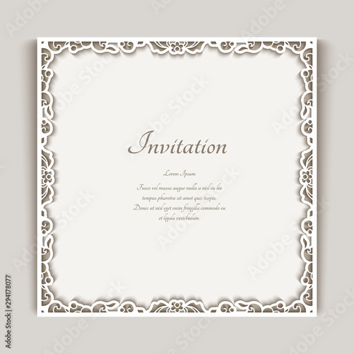 Square frame with ornamental lace border, cutout paper decoration, elegant wedding invitation or table place card design, template for laser cutting