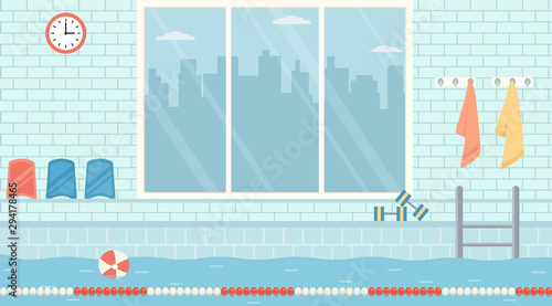 Empty public swimming pool with big window. Flat design vector illustration.