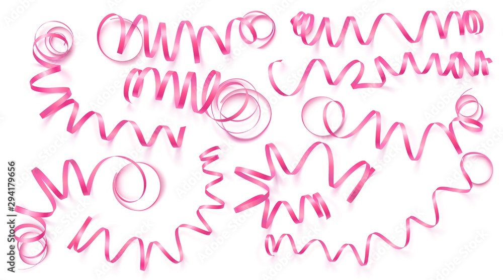 Set of realistic pink ribbons on white background. Vector illustration. Can be used for greeting card, holidays, banners, gifts and etc.