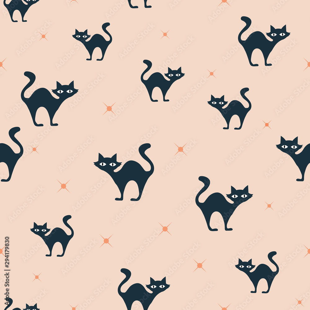 Grey cats and stars halloween seamless repeat pattern. October holidays print. Vector. Grey cats and stars halloween seamless repeat pattern. October holidays print. Vector.