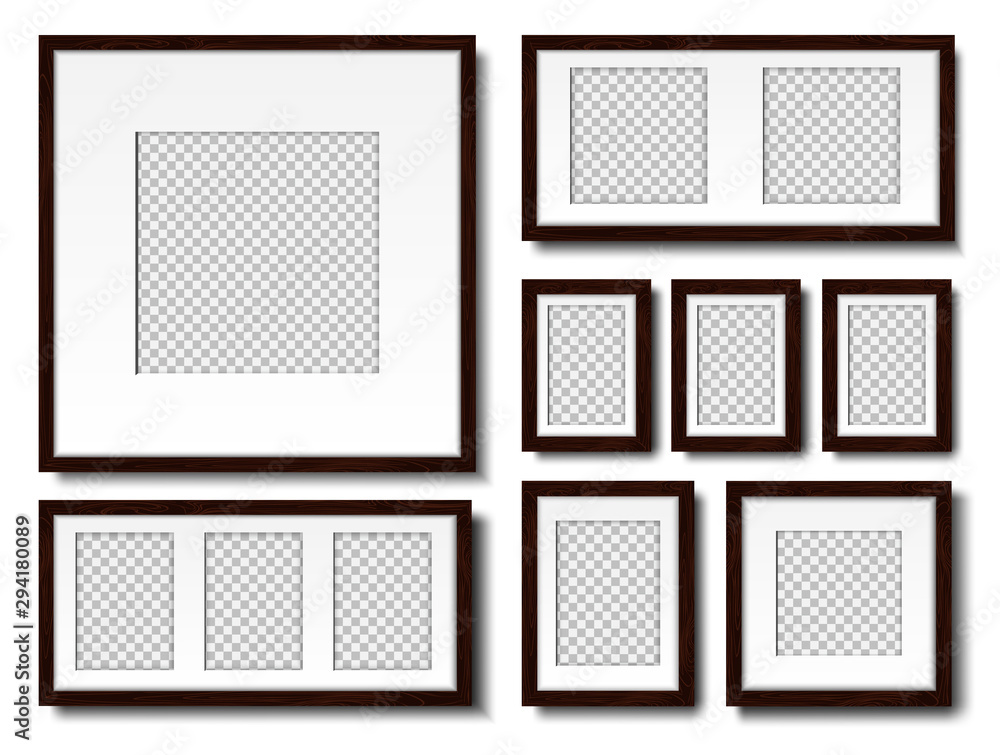 Picture on the wall. Set of empty frames with passepartout, for interior design. Mockup, Isolated on a white background. Vector.
