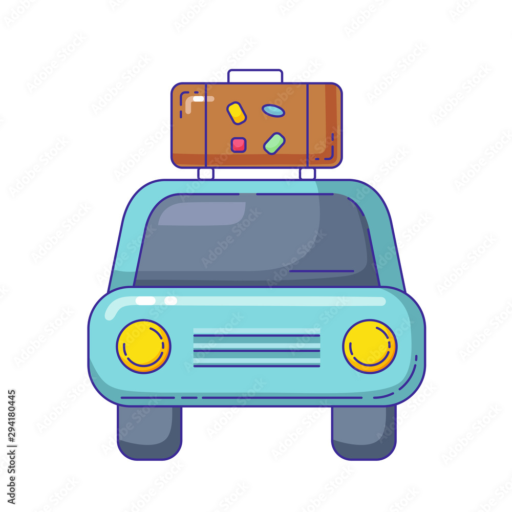 Car for traveling. Vehicle transport with baggage. Red car for family trip, side view. Cartoon vector illustration, isolated on white background Car for traveling. Vehicle transport with baggage. Red car for family trip, side view. Cartoon vector illustration, isolated on white background