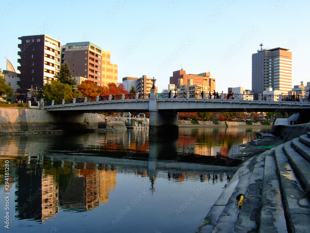The modern reconstructed Aioi Bridge over the Ota river in the center of Hiroshima. Japan