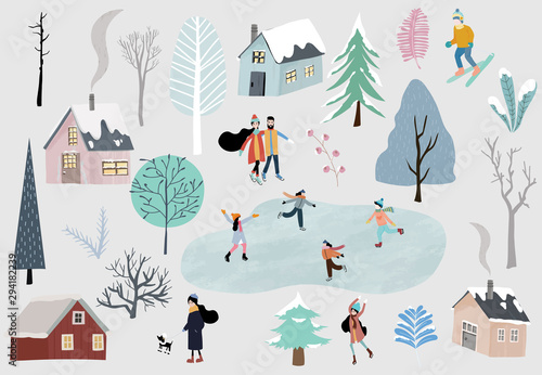 Winter collection set with home,snow,tree,people illustration for sticker,postcard,background,christmas invitation