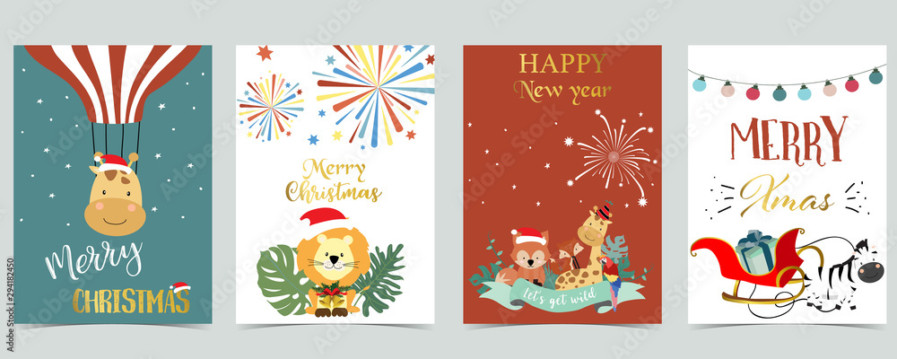 Naklejka premium Green red glod christmas card with christmas tree,gift,light,firework,giraffe,fox,zebra and lion