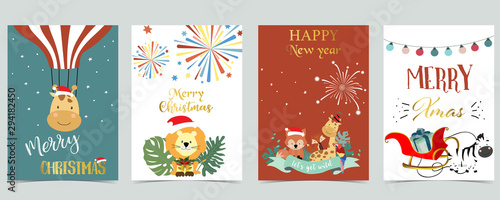 Green red glod christmas card with christmas tree,gift,light,firework,giraffe,fox,zebra and lion