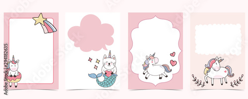 Collection of unicorn background set with rainbow,unicorn,mermaid.Vector illustration for birthday invitation,postcard and sticker.Editable element