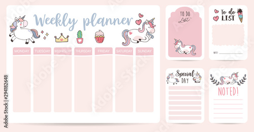 cute weekly planner background with unicorn,rainbow,ice cream,cloud.Vector illustration for kid and baby.Editable element photo