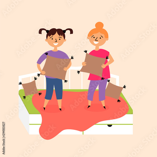 Children in pajamas jump on the bed with pillows. Pillow fight. Pajama party. Editable Vector Illustration