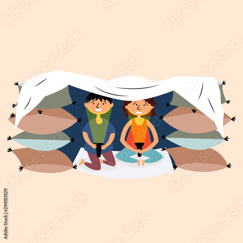 Children made a pillow and a blanket-fortress. Children's building. Fortress made of pillows. Secret house of children. Pajama party. Children's tent made of wooden chairs and blankets. Vector
