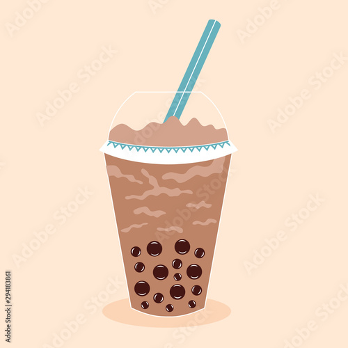 Tapioca Ball Tea. Coffee drink cocktail. Plastic glass with a straw. Vector editable illustration