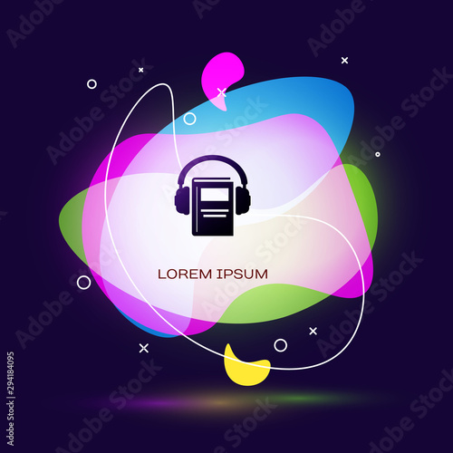 Black Audio book icon isolated on dark blue background. Book with headphones. Audio guide sign. Online learning concept. Abstract banner with liquid shapes. Vector Illustration