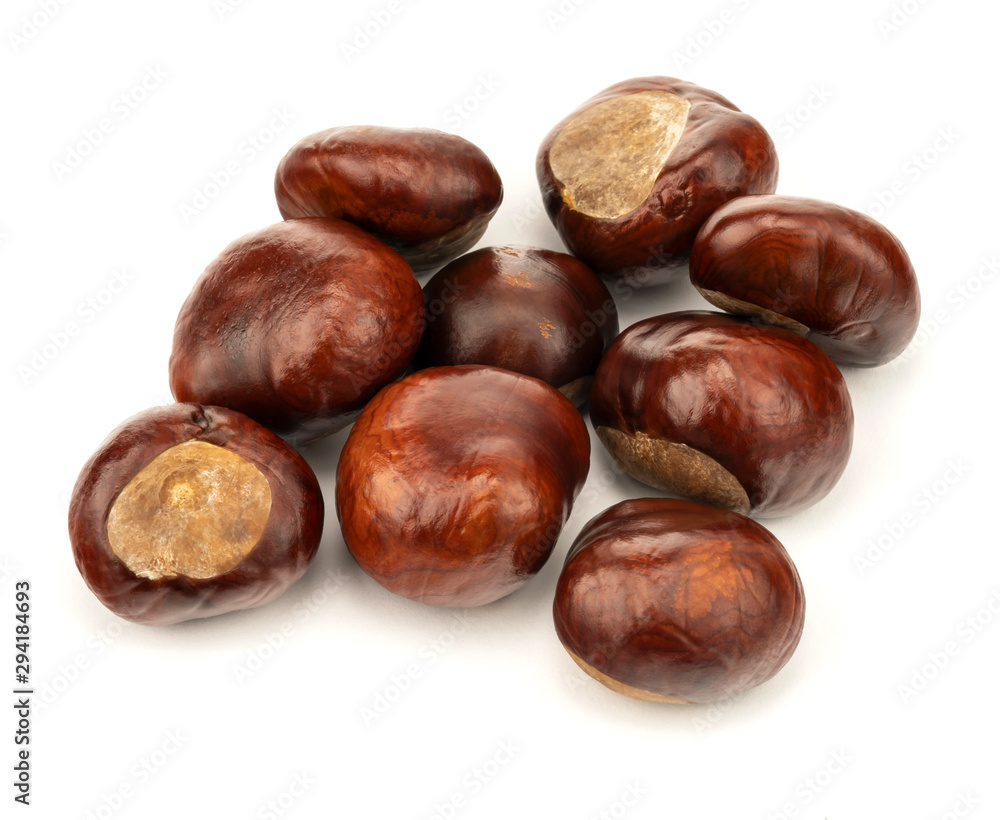autumn ripe chestnuts isolated on white background autumn ripe chestnuts isolated on white background