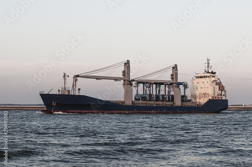 Large industrial cargo ship sailing on the sea against the gray sky © Bogdan