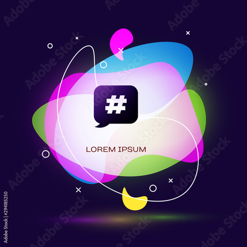 Black Hashtag speech bubble icon isolated on dark blue background. Concept of number sign, social media marketing, micro blogging. Abstract banner with liquid shapes. Vector Illustration