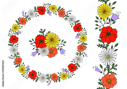 Beautiful floral circular wreath with red poppy flower, blue bellflower, yellow daisy isolated on white background; Endless colorful vertical brush; Vivid decorative frame for postcard, greeting card
