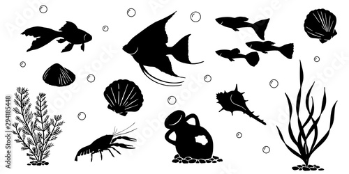 Set of marine creatures isolated on white background; Black silhouettes of guppy,   goldfish, angelfish, crayfish, shells and broken clay jug; Monochrome sea objects; Aquarium   pets vector illustrati