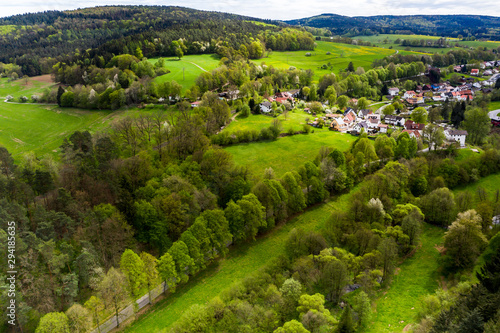 Aerial view, Odenwald at Erbach Himbachel Valley, Hesse, Germany