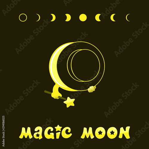 Moon phases, kawaii moon and magic show with magic hat. Cute comic with a waning moon and a waning moon. Vector illustration on a black background.