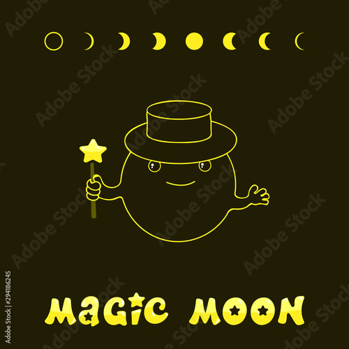 Moon phases, kawaii moon and magic show with magic hat. Cute comic with a waning moon and a waning moon. Vector illustration on a black background.