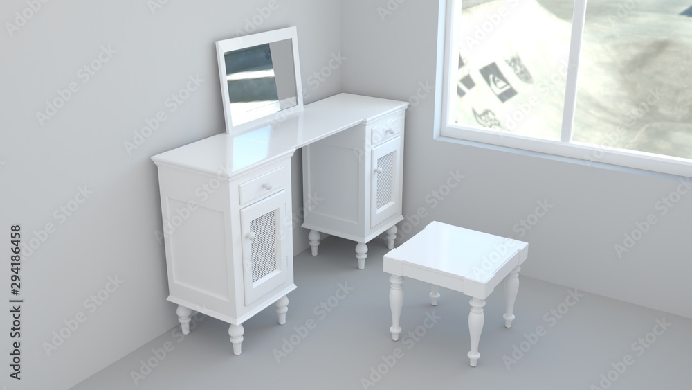 A simple dressing table with a mirror and a stool in an empty room