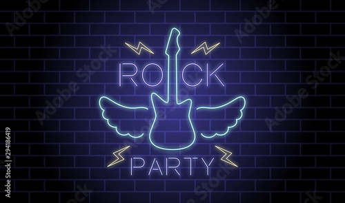 Color illustration of a neon guitar with wings and lightning with text on a brick background. Vector illustration on the theme of rock music.