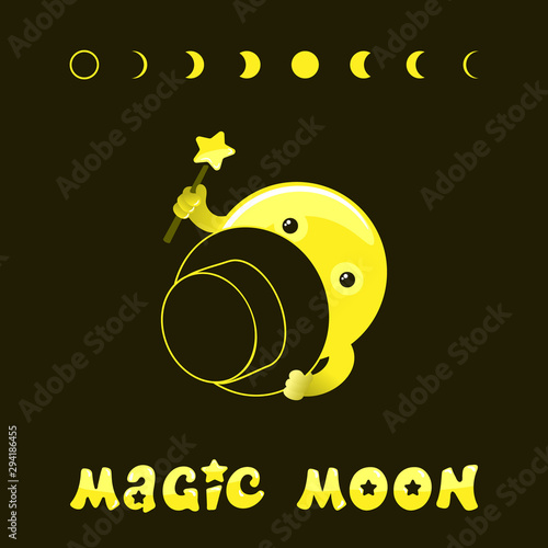 Moon phases, kawaii moon and magic show with magic hat. Cute comic with a waning moon and a waning moon. Vector illustration on a black background.
