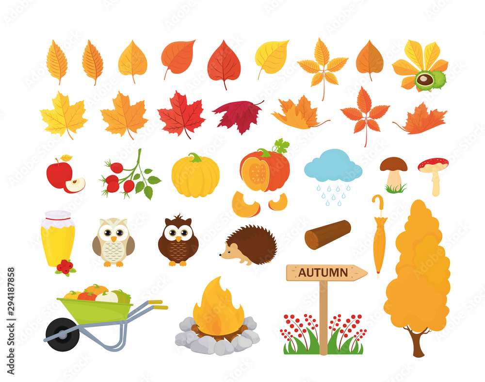 Fall season. Set of cute autumn cartoon animals, plants and food Fall season. Set of cute autumn cartoon animals, plants and food
