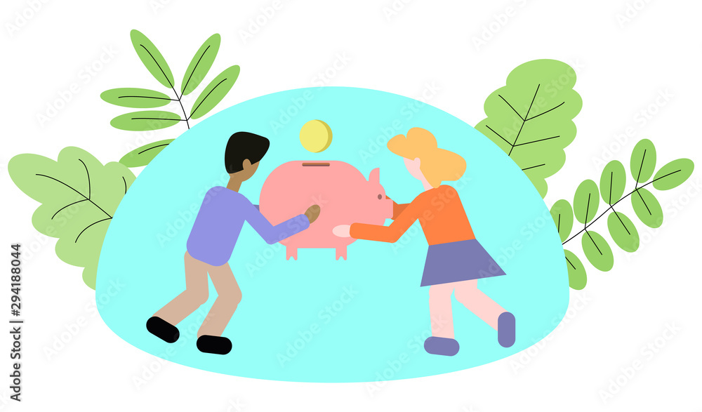 Children hold a piggy bank in which the coin falls