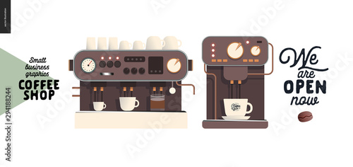 Coffee shop - small business illustrations - coffee machines - modern flat vector concept illustration of two coffee makers with cups and sign We are open mow - constructor set