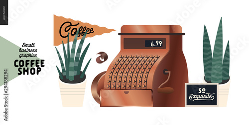 Coffee shop - small business illustrations - vintage cash register - modern flat vector concept illustration of a vintage cash register, flag and plants in the pots - constructor set