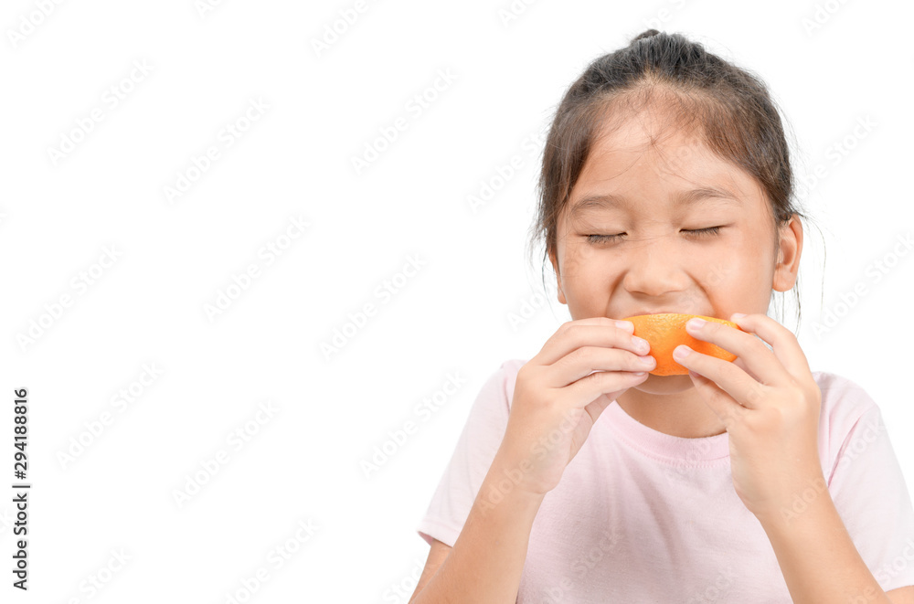 little cute asian girl enjoy eating sliced orange little cute asian girl enjoy eating sliced orange