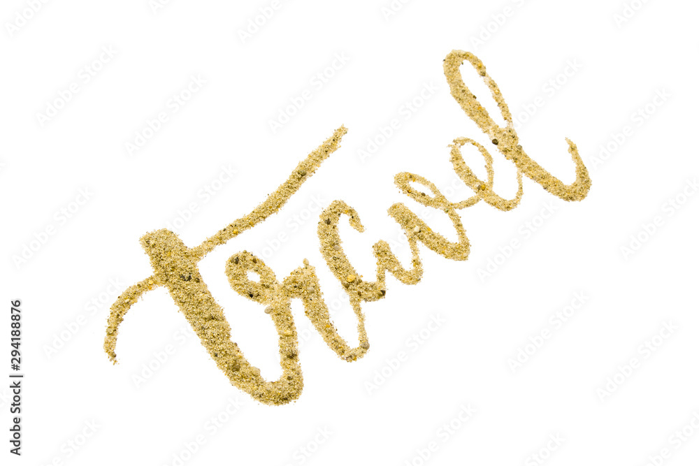 Composition on the theme of travel with sand on a white background Composition on the theme of travel with sand on a white background