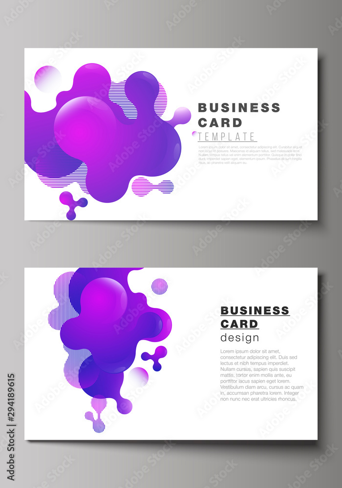 The minimalistic abstract vector illustration of the editable layout of two creative business cards design templates. Black background with fluid gradient, liquid blue colored geometric element.
