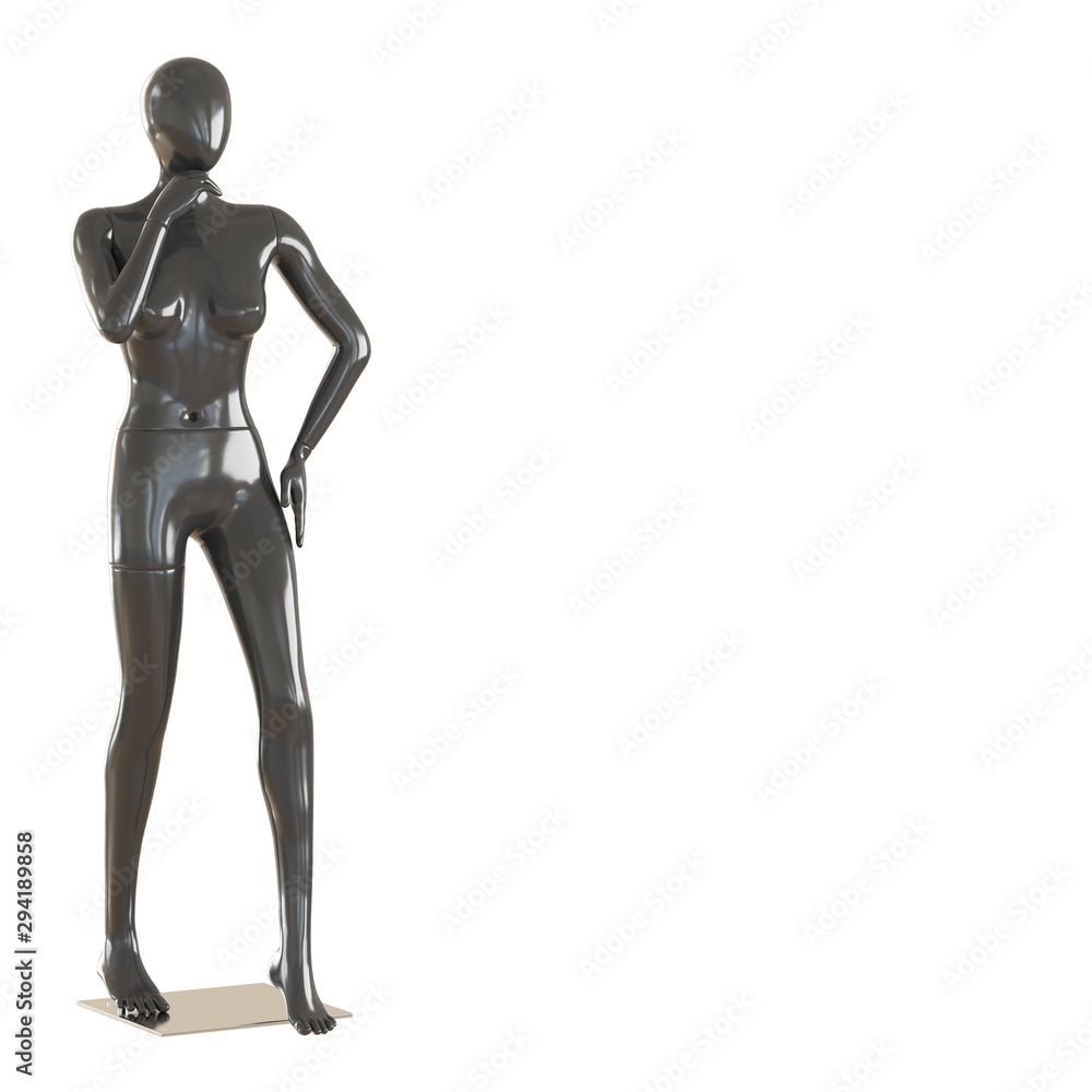 A black female mannequin stands on an iron mount on an isolated white background. 3D rendering A black female mannequin stands on an iron mount on an isolated white background. 3D rendering