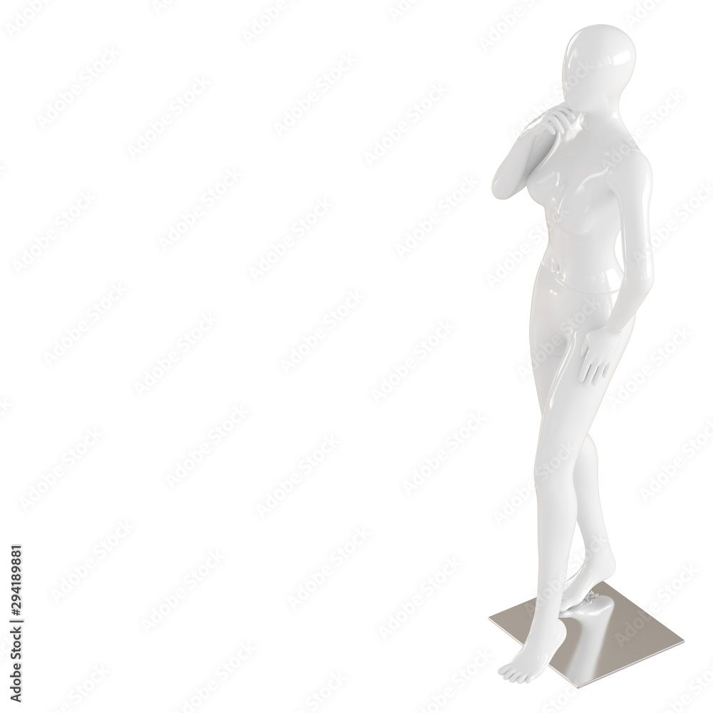 A white female mannequin stands on an iron mount on an isolated white background. 3D rendering A white female mannequin stands on an iron mount on an isolated white background. 3D rendering
