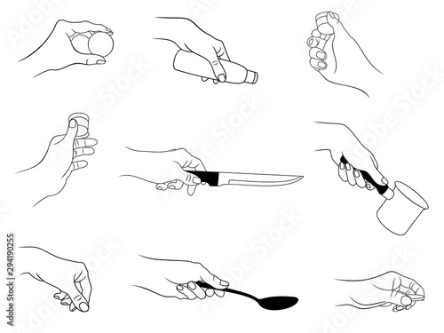 Vector set of outline, various hand actions and gestures by kitchen theme, isolated, in black color, on white background.