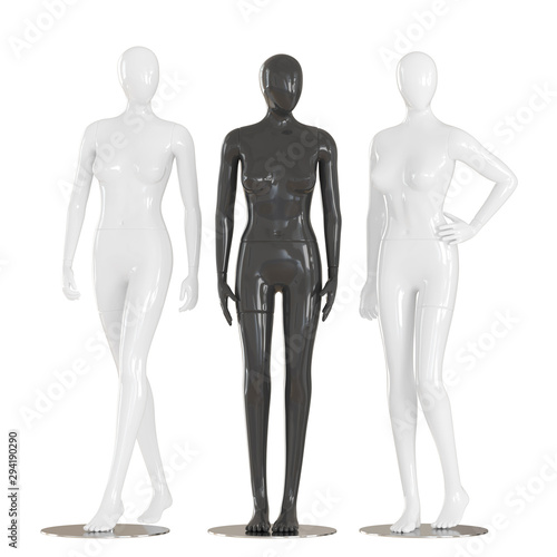 Two white female mannequin and one black between them on an isolated background .3d rendering