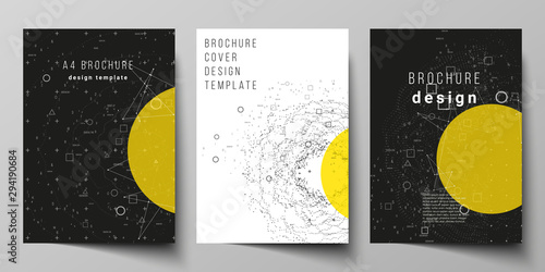 Vector layout of A4 format modern cover mockups design templates for brochure, magazine, flyer, report. Science or technology 3d background with dynamic particles. Chemistry and science concept.