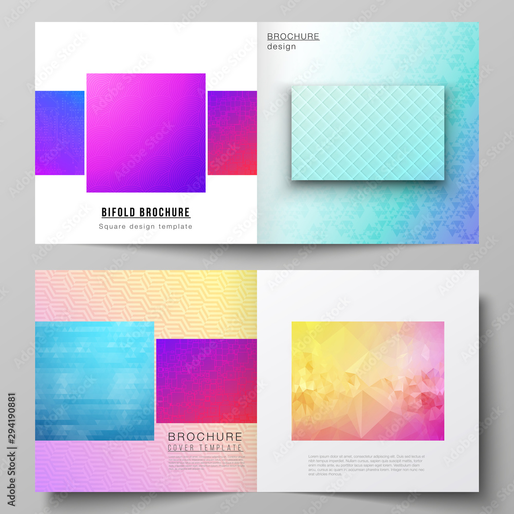 The vector illustration of editable layout of two covers templates for square design bifold brochure, magazine, flyer, booklet. Abstract geometric pattern with colorful gradient business background