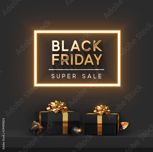 Black Friday Super Sale. Shelf and podium with realistic black gifts boxes with gold bows. Dark background golden text lettering in bright glowing neon frame. vector illustration