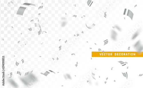 Falling shiny silver confetti isolated on transparent background. Bright festive tinsel of white color.