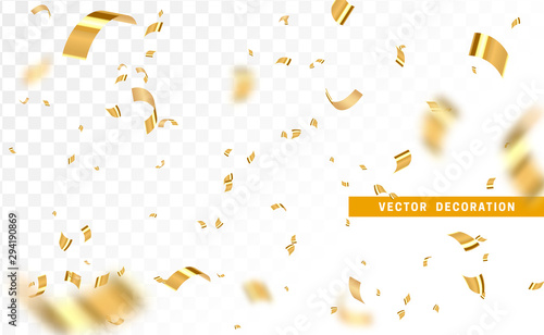 Falling shiny golden confetti isolated on transparent background. Bright festive tinsel of gold color.