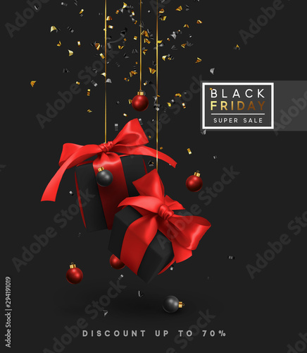 Black friday sale. Background design, realistic dark gift boxes with red bows, hang on ribbon. Gold and black confetti, serpentine festive tinsel sprinkled. the discount up to 70%