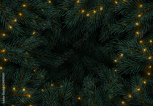Christmas tree branches. Festive Xmas border of green branch of pine. Pattern pine branches  spruce branch. Glowing New Year golden garland  space for text. Realistic design decoration elements.